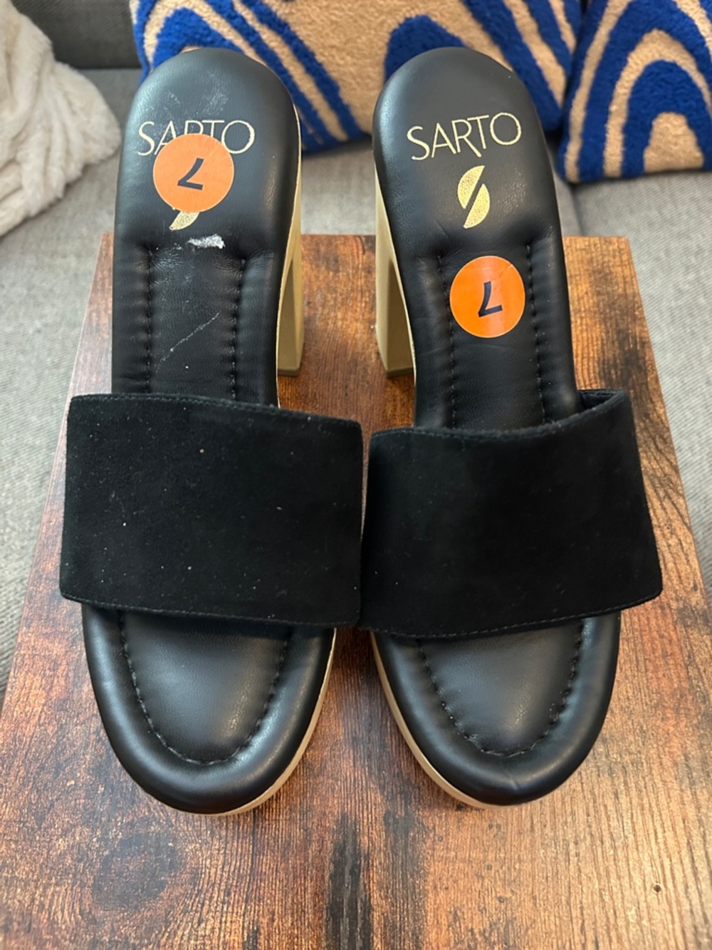 NWOB Franco Sarto Black Leather Suede Slide Mules with Tan Block Heel- size 7